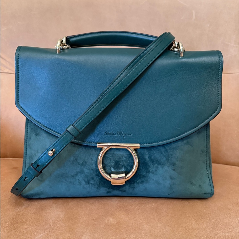 SALVATORE FERRAGAMO Margot Small Suede Satchel in Pine